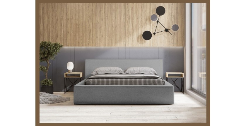 Lit coffre DENALI – Gris sable bouclé – 180x200 cm – Tissu velours doux – Sommier relevable – Rangement intégré