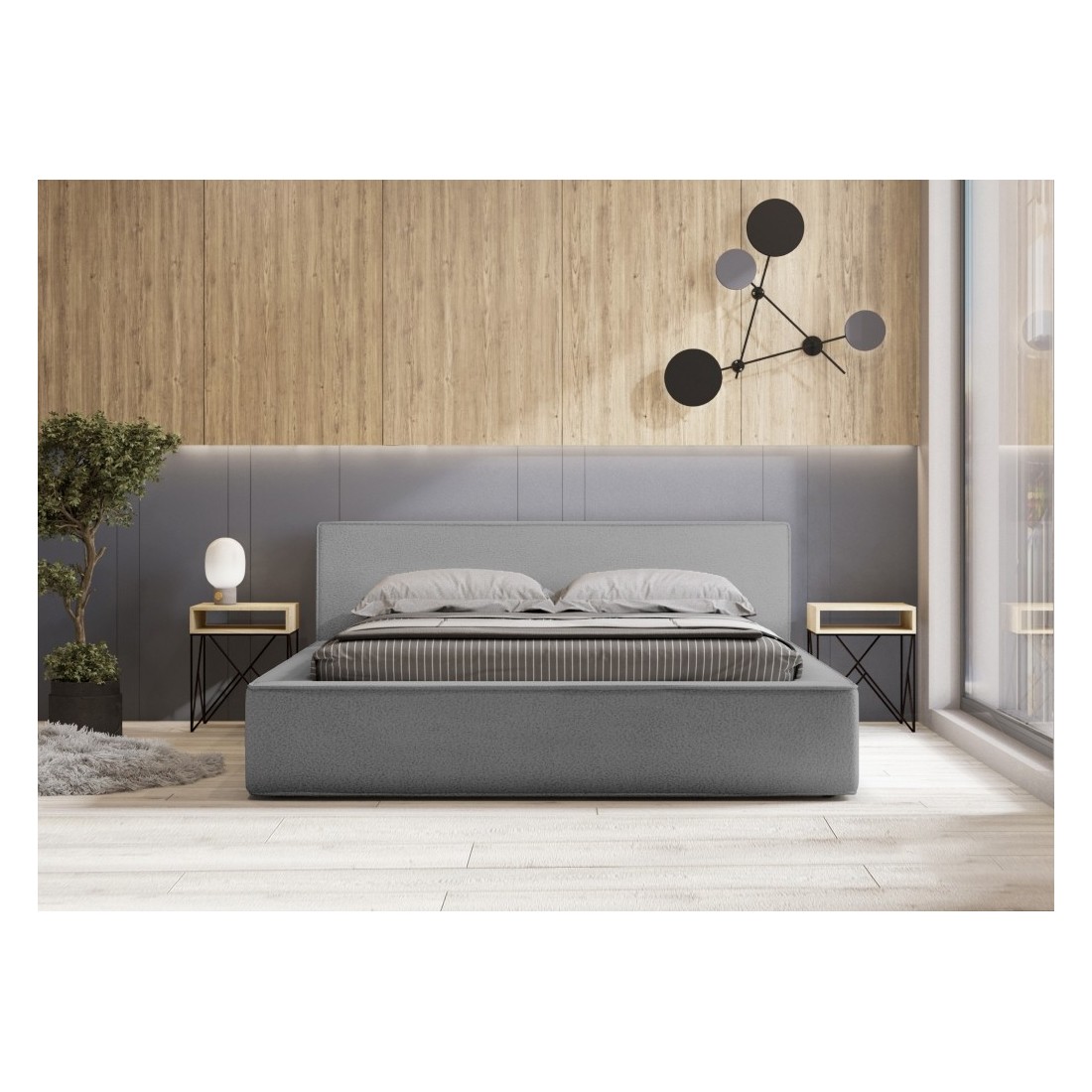 Lit coffre DENALI – Gris sable bouclé – 180x200 cm – Tissu velours doux – Sommier relevable – Rangement intégré