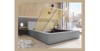 Lit coffre DENALI – Gris sable bouclé – 180x200 cm – Tissu velours doux – Sommier relevable – Rangement intégré 