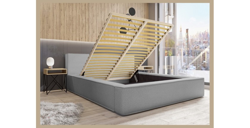 Lit coffre DENALI – Gris sable bouclé – 180x200 cm – Tissu velours doux – Sommier relevable – Rangement intégré 