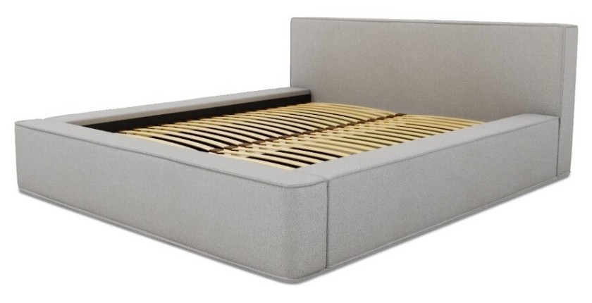 Lit coffre DENALI – Gris sable bouclé – 160x200 cm – Tissu velours doux – Sommier relevable – Rangement intégré 