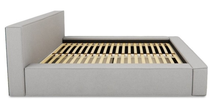 Lit coffre DENALI – Gris sable bouclé – 140x200 cm – Tissu velours doux – Sommier relevable – Rangement intégré 