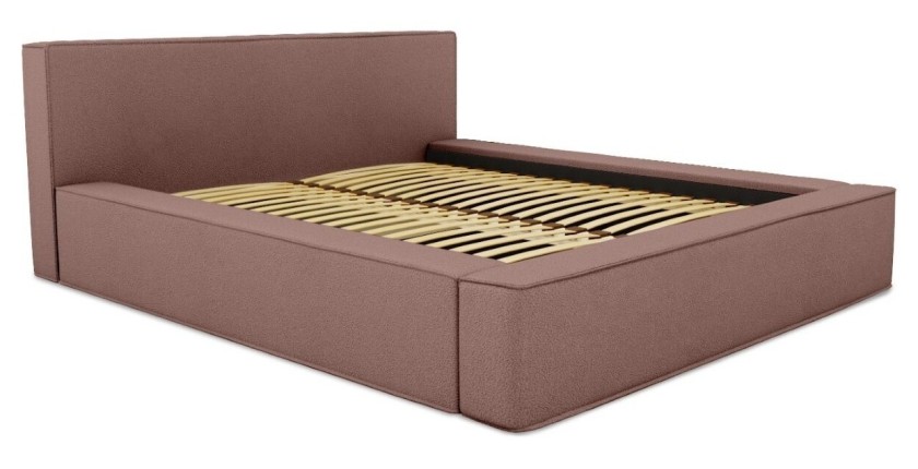 Lit coffre DENALI – Terre-cuite bouclé – 140x200 cm – Tissu velours doux – Sommier relevable – Rangement intégré 