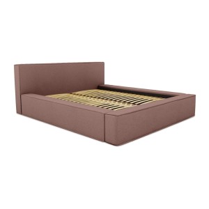 Lit coffre DENALI – Terre-cuite bouclé – 140x200 cm – Tissu velours doux – Sommier relevable – Rangement intégré 