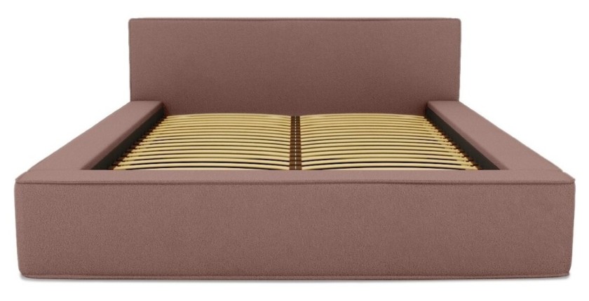 Lit coffre DENALI – Terre-cuite bouclé – 140x200 cm – Tissu velours doux – Sommier relevable – Rangement intégré 