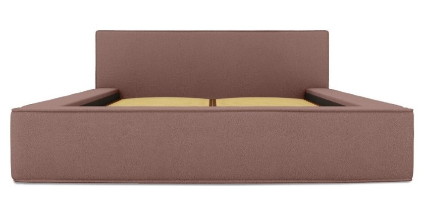 Lit coffre DENALI – Terre-cuite bouclé – 140x200 cm – Tissu velours doux – Sommier relevable – Rangement intégré 