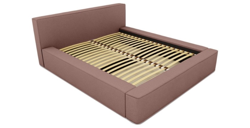 Lit coffre DENALI – Terre-cuite bouclé – 140x200 cm – Tissu velours doux – Sommier relevable – Rangement intégré 