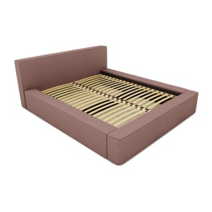 Lit coffre DENALI – Terre-cuite bouclé – 140x200 cm – Tissu velours doux – Sommier relevable – Rangement intégré 