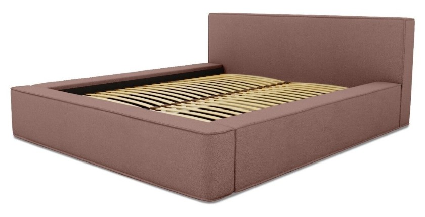 Lit coffre DENALI – Terre-cuite bouclé – 140x200 cm – Tissu velours doux – Sommier relevable – Rangement intégré 