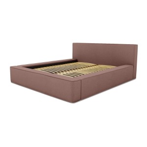 Lit coffre DENALI – Terre-cuite bouclé – 140x200 cm – Tissu velours doux – Sommier relevable – Rangement intégré 