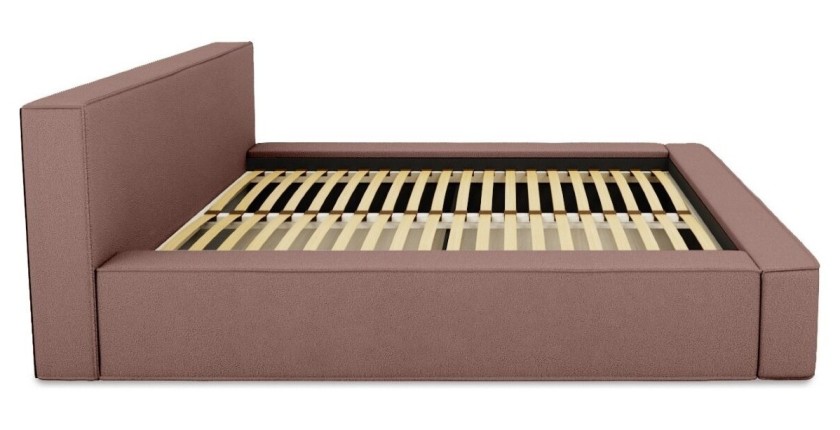 Lit coffre DENALI – Terre-cuite bouclé – 140x200 cm – Tissu velours doux – Sommier relevable – Rangement intégré 