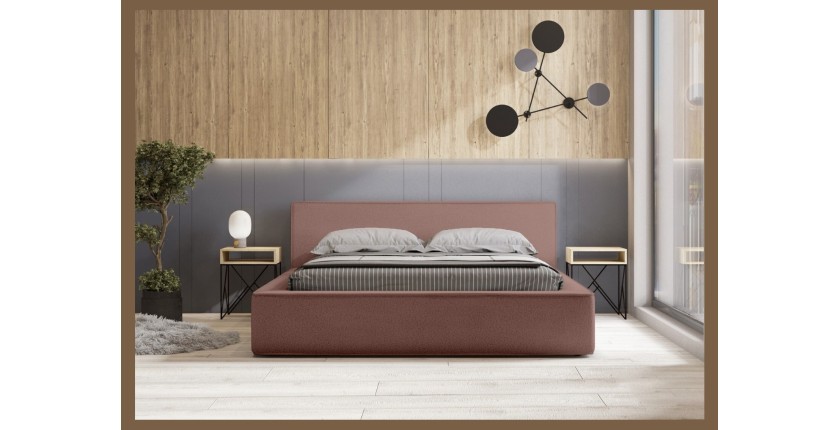 Lit coffre DENALI – Terre-cuite bouclé – 140x200 cm – Tissu velours doux – Sommier relevable – Rangement intégré