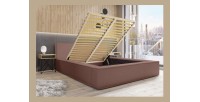Lit coffre DENALI – Terre-cuite bouclé – 140x200 cm – Tissu velours doux – Sommier relevable – Rangement intégré 