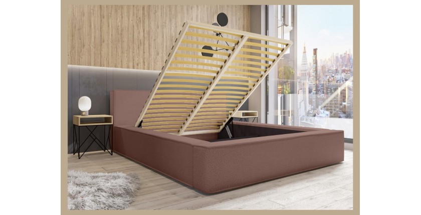 Lit coffre DENALI – Terre-cuite bouclé – 140x200 cm – Tissu velours doux – Sommier relevable – Rangement intégré 