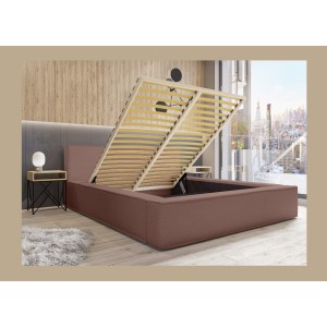 Lit coffre DENALI – Terre-cuite bouclé – 140x200 cm – Tissu velours doux – Sommier relevable – Rangement intégré 