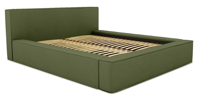 Lit coffre DENALI – Olive bouclé – 180x200 cm – Tissu velours doux – Sommier relevable – Rangement intégré 