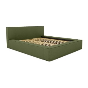 Lit coffre DENALI – Olive bouclé – 180x200 cm – Tissu velours doux – Sommier relevable – Rangement intégré 