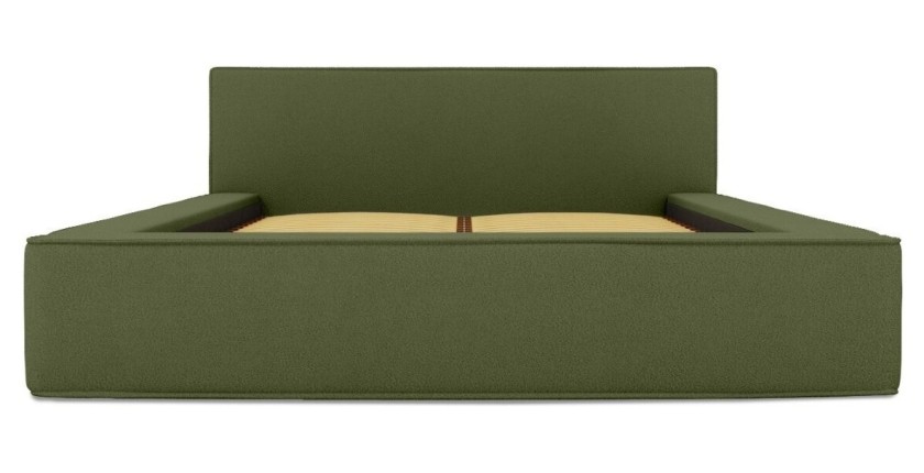 Lit coffre DENALI – Olive bouclé – 180x200 cm – Tissu velours doux – Sommier relevable – Rangement intégré 