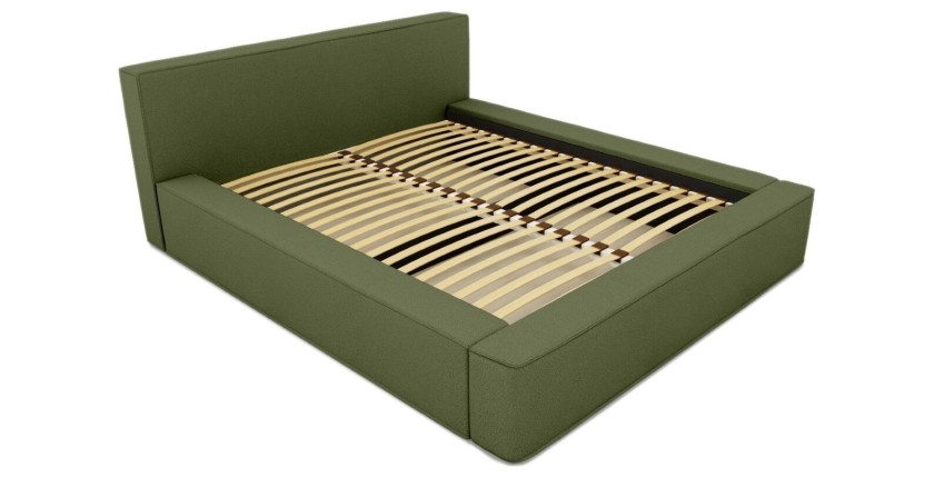 Lit coffre DENALI – Olive bouclé – 180x200 cm – Tissu velours doux – Sommier relevable – Rangement intégré 