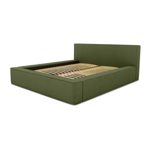 Lit coffre DENALI – Olive bouclé – 180x200 cm – Tissu velours doux – Sommier relevable – Rangement intégré 