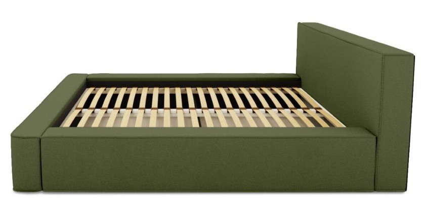 Lit coffre DENALI – Olive bouclé – 180x200 cm – Tissu velours doux – Sommier relevable – Rangement intégré 