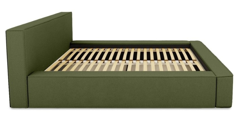 Lit coffre DENALI – Olive bouclé – 180x200 cm – Tissu velours doux – Sommier relevable – Rangement intégré 
