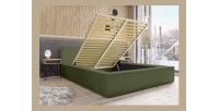 Lit coffre DENALI – Olive bouclé – 180x200 cm – Tissu velours doux – Sommier relevable – Rangement intégré 
