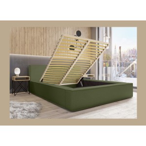 Lit coffre DENALI – Olive bouclé – 180x200 cm – Tissu velours doux – Sommier relevable – Rangement intégré 