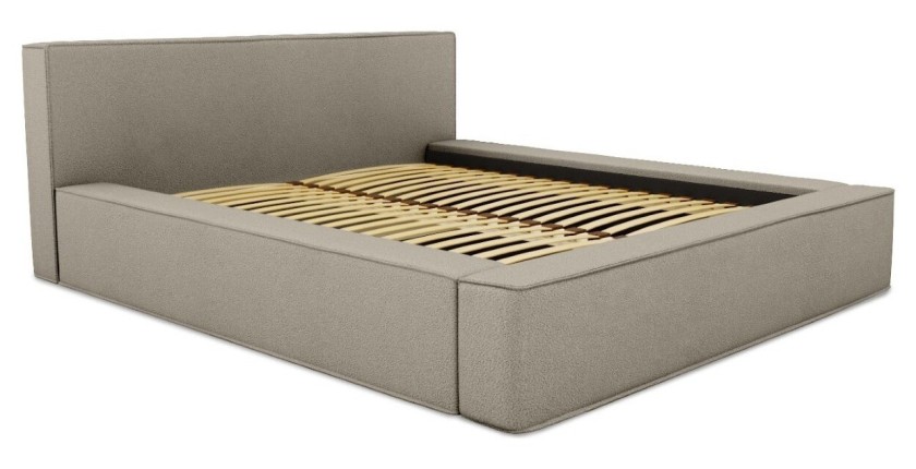 Lit coffre DENALI – Lin naturel bouclé – 140x200 cm – Tissu effet laine – Sommier relevable – Rangement intégré 