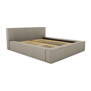Lit coffre DENALI – Lin naturel bouclé – 140x200 cm – Tissu effet laine – Sommier relevable – Rangement intégré 