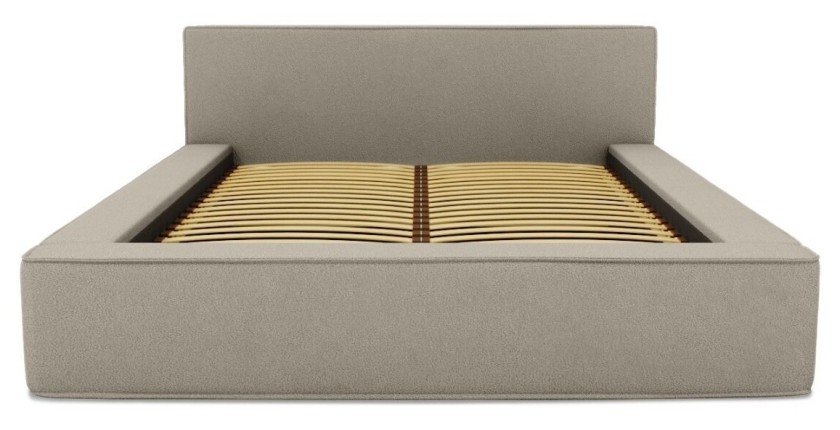 Lit coffre DENALI – Lin naturel bouclé – 140x200 cm – Tissu effet laine – Sommier relevable – Rangement intégré 