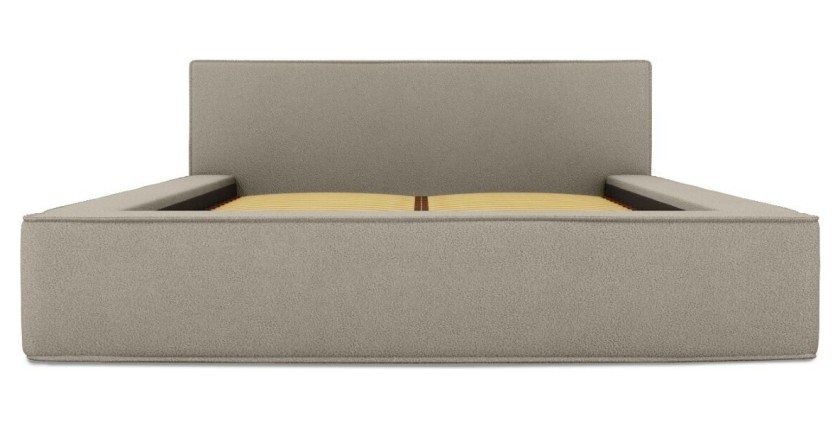 Lit coffre DENALI – Lin naturel bouclé – 140x200 cm – Tissu effet laine – Sommier relevable – Rangement intégré 