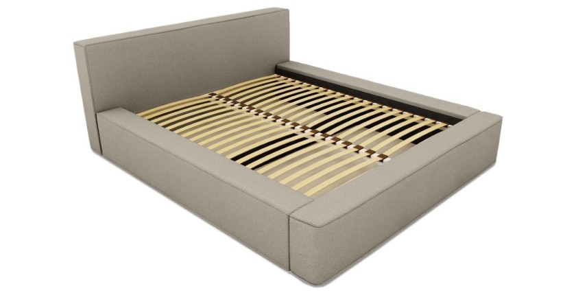 Lit coffre DENALI – Lin naturel bouclé – 140x200 cm – Tissu effet laine – Sommier relevable – Rangement intégré 