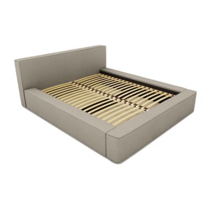 Lit coffre DENALI – Lin naturel bouclé – 140x200 cm – Tissu effet laine – Sommier relevable – Rangement intégré 