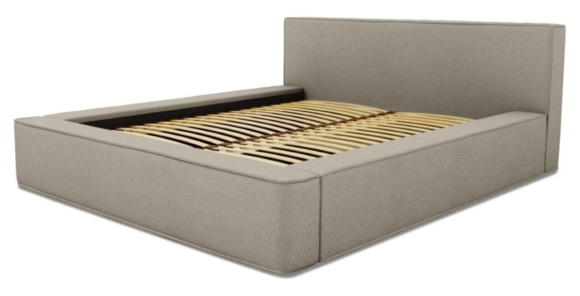 Lit coffre DENALI – Lin naturel bouclé – 140x200 cm – Tissu effet laine – Sommier relevable – Rangement intégré 