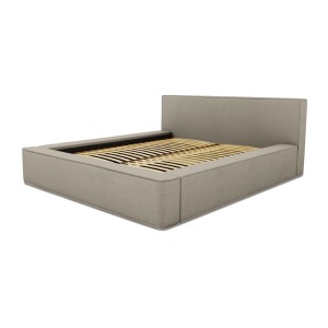Lit coffre DENALI – Lin naturel bouclé – 140x200 cm – Tissu effet laine – Sommier relevable – Rangement intégré 