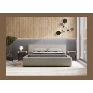 Lit coffre DENALI – Lin naturel bouclé – 140x200 cm – Tissu effet laine – Sommier relevable – Rangement intégré
