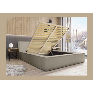 Lit coffre DENALI – Lin naturel bouclé – 140x200 cm – Tissu effet laine – Sommier relevable – Rangement intégré 