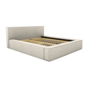 Lit coffre DENALI – Sable bouclé – 160x200 cm – Tissu effet laine – Sommier relevable – Rangement intégré 