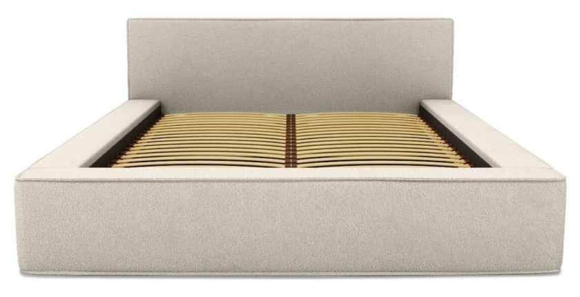 Lit coffre DENALI – Sable bouclé – 160x200 cm – Tissu effet laine – Sommier relevable – Rangement intégré 