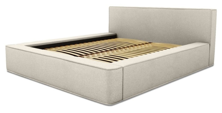 Lit coffre DENALI – Sable bouclé – 160x200 cm – Tissu effet laine – Sommier relevable – Rangement intégré 