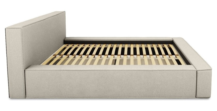 Lit coffre DENALI – Sable bouclé – 160x200 cm – Tissu effet laine – Sommier relevable – Rangement intégré 