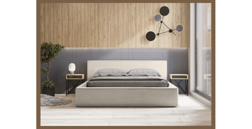 Lit coffre DENALI – Sable bouclé – 160x200 cm – Tissu effet laine – Sommier relevable – Rangement intégré