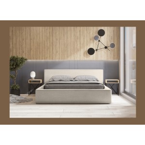 Lit coffre DENALI – Sable bouclé – 160x200 cm – Tissu effet laine – Sommier relevable – Rangement intégré