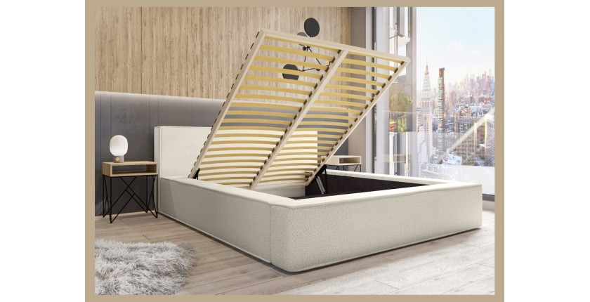 Lit coffre DENALI – Sable bouclé – 160x200 cm – Tissu effet laine – Sommier relevable – Rangement intégré 
