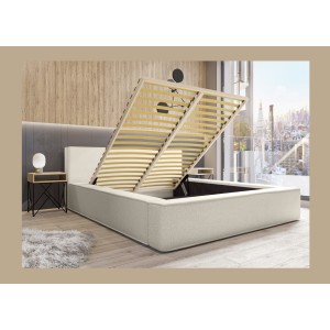Lit coffre DENALI – Sable bouclé – 160x200 cm – Tissu effet laine – Sommier relevable – Rangement intégré 
