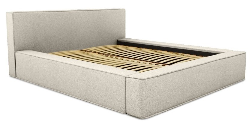 Lit coffre DENALI – Sable bouclé – 140x200 cm – Tissu effet laine – Sommier relevable – Rangement intégré 