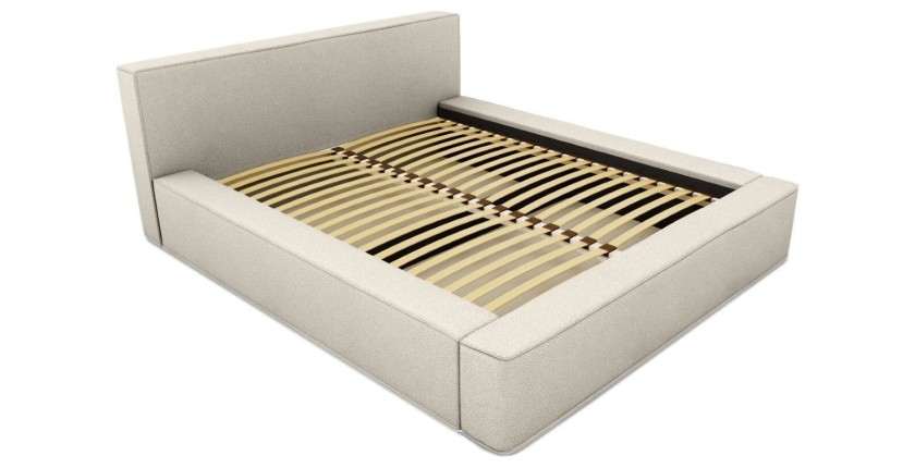 Lit coffre DENALI – Sable bouclé – 140x200 cm – Tissu effet laine – Sommier relevable – Rangement intégré 