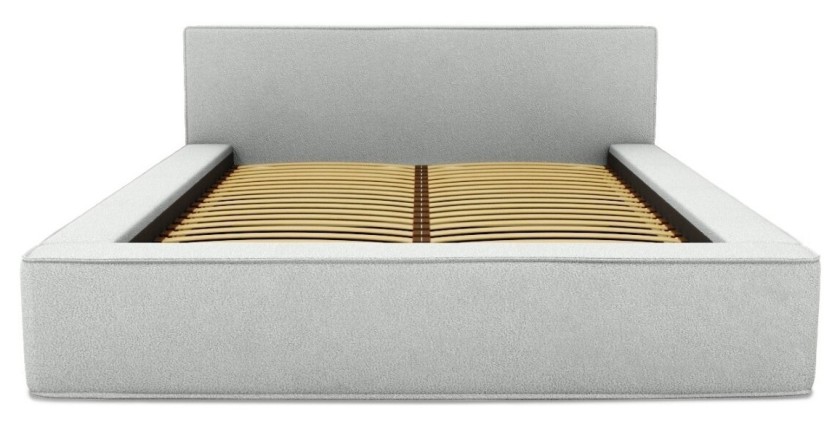 Lit coffre DENALI – Blanc bouclé – 180x200 cm – Tissu effet laine – Sommier relevable – Rangement intégré 