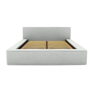 Lit coffre DENALI – Blanc bouclé – 180x200 cm – Tissu effet laine – Sommier relevable – Rangement intégré 